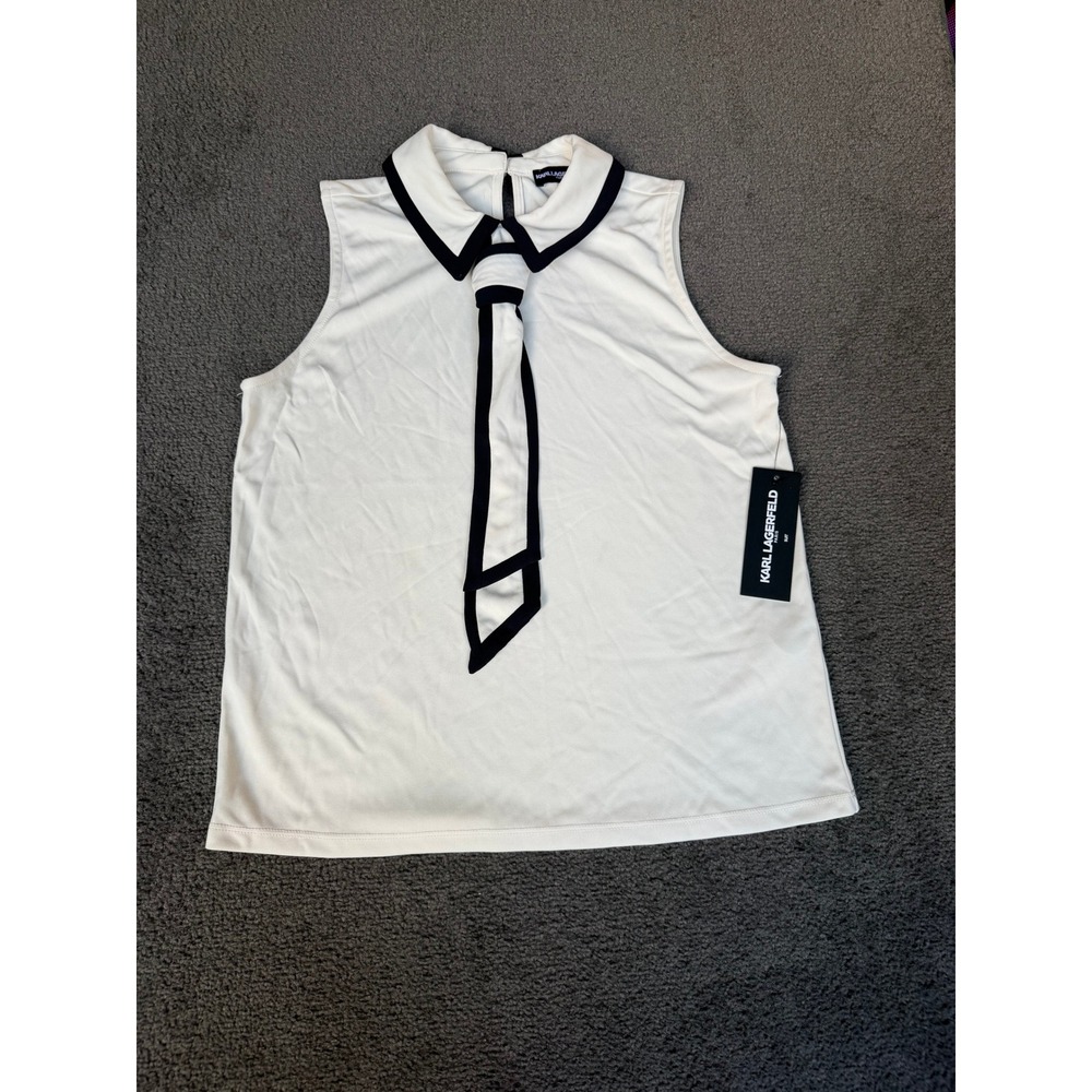 Karl Lagerfeld Paris Womens Sleeveless Tie Neck Blouse White Black Small NEW